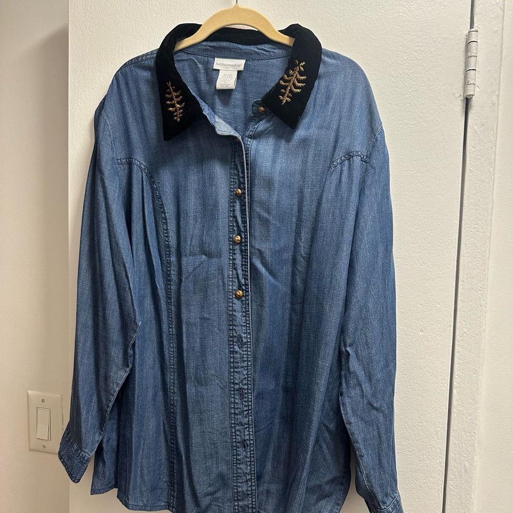 Soft Surroundings Denim Chambray Velvet Collar Gold Trim Button Up Shirt 3X